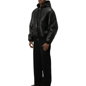 Textured Sheepskin Leather Zip-Up Hoodie