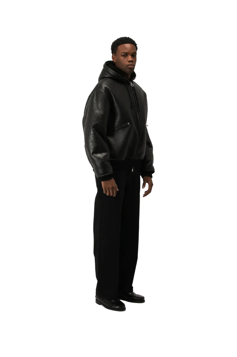 Textured Sheepskin Leather Zip-Up Hoodie - immagine 3