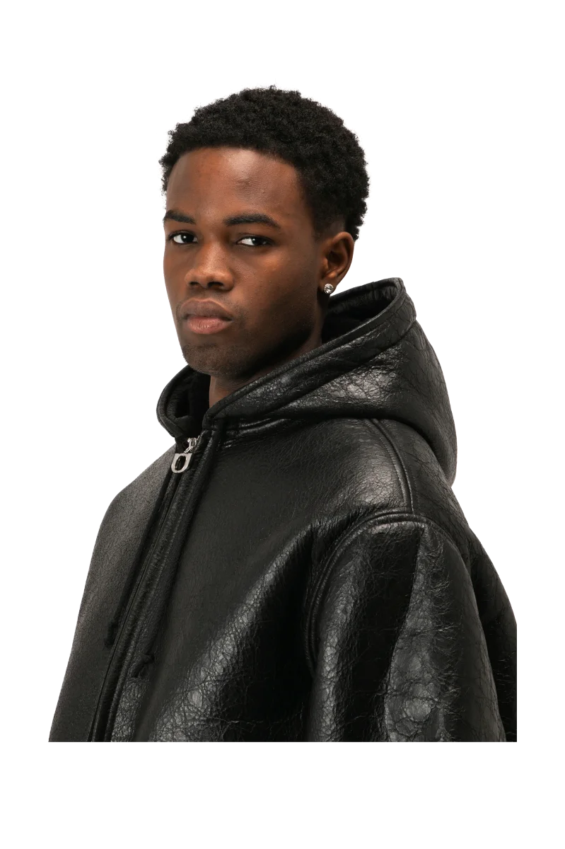 Textured Sheepskin Leather Zip-Up Hoodie - immagine 5