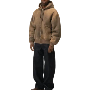 Textured Sheepskin Leather Zip-Up Hoodie