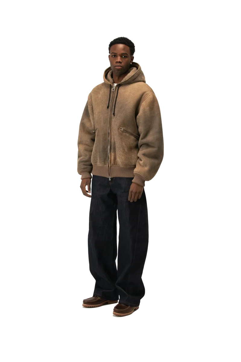 Textured Sheepskin Leather Zip-Up Hoodie