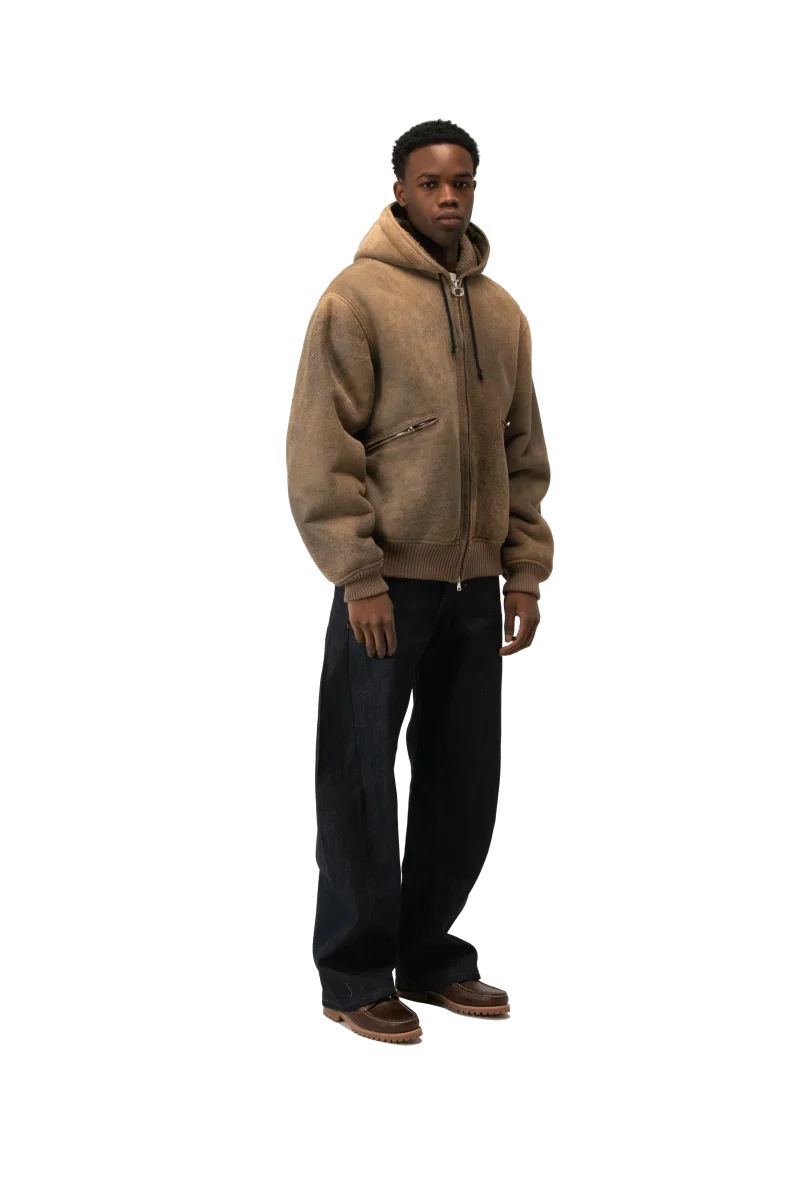 Textured Sheepskin Leather Zip-Up Hoodie - immagine 3