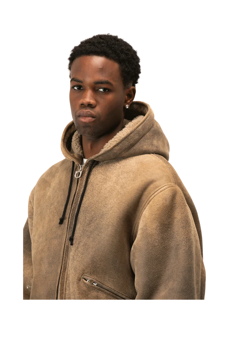 Textured Sheepskin Leather Zip-Up Hoodie - immagine 5
