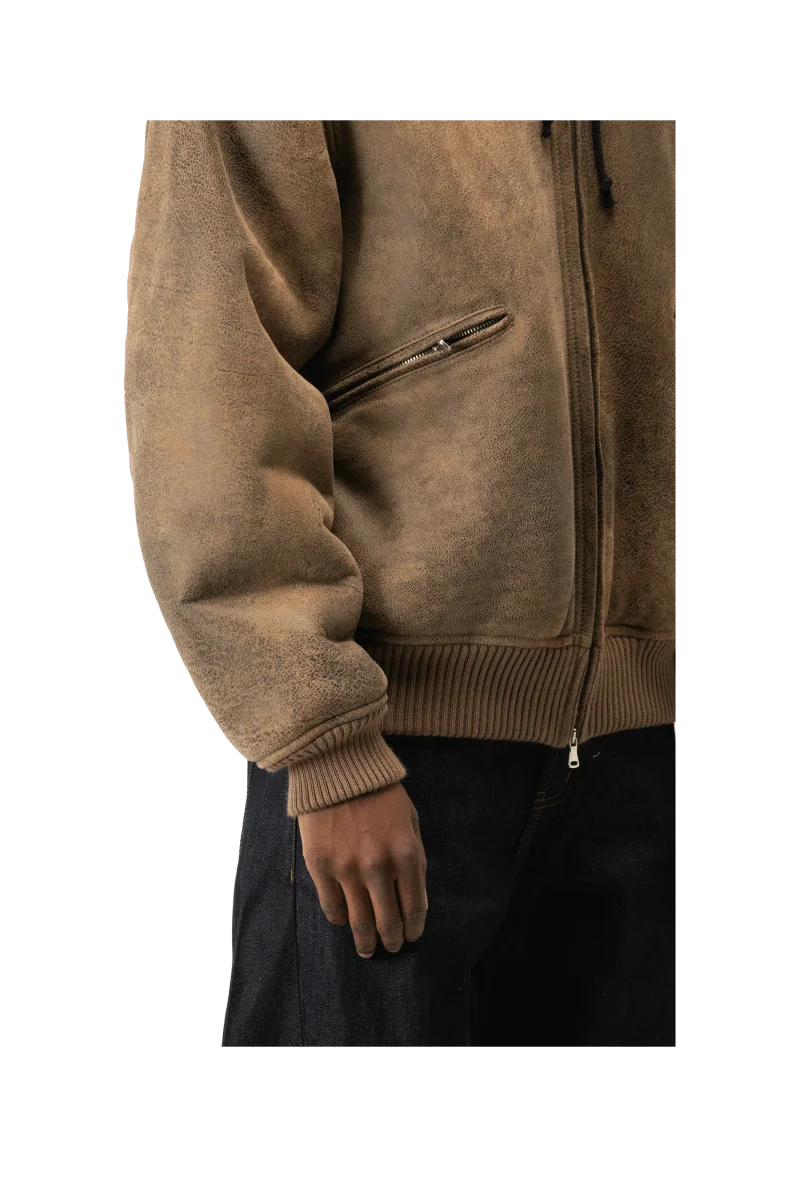 Textured Sheepskin Leather Zip-Up Hoodie - immagine 6