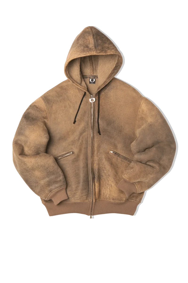 Textured Sheepskin Leather Zip-Up Hoodie - immagine 9